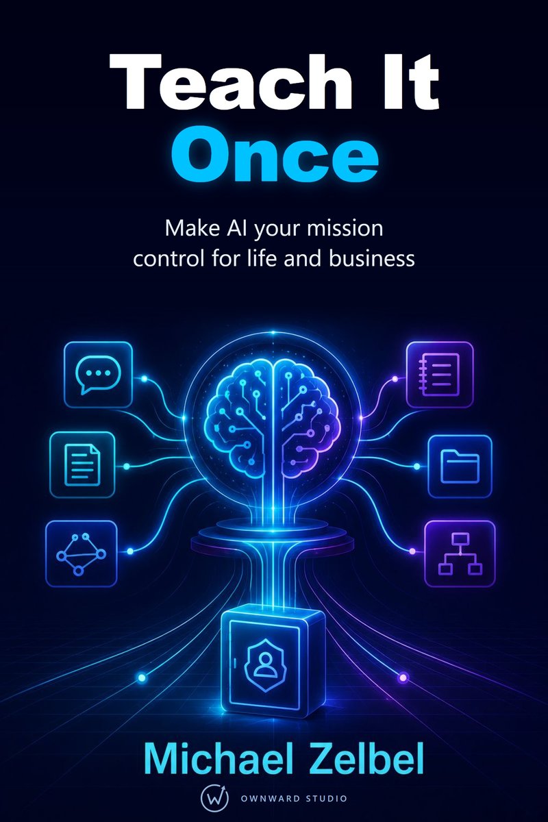 Cover of Teach It Once by Michael Zelbel: a glowing brain connected to chat, notes, files and a personal vault